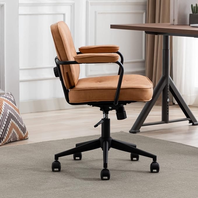 HEAH-YO Modern Armless Desk Chairs Set of 1, Swivel Computer Task Chair with Wheels and Armrests, PU Leather Adjustable Office Chair with Backrest for Home Base, Light Brown