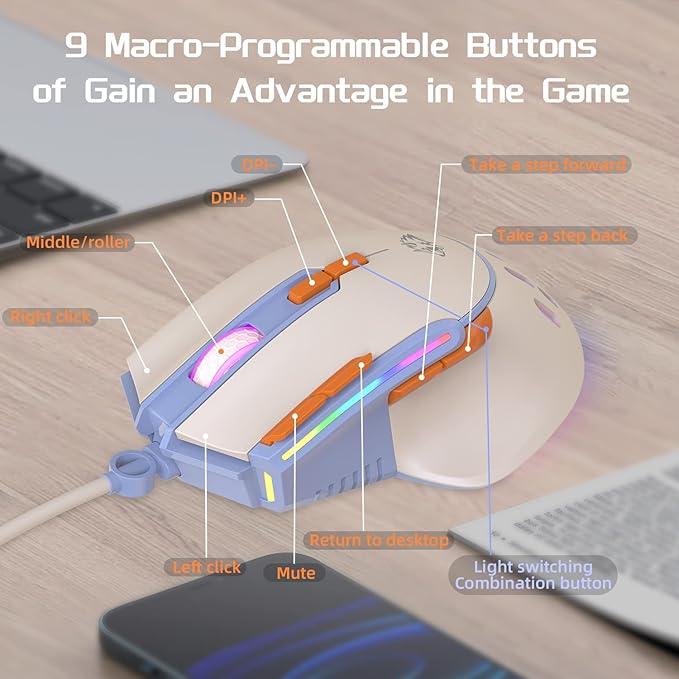 MAGIC-REFINER M2 Wired Gaming Mouse with 6 Types RGB Backlit High Precision Adjustable 12800DPI,PC Gaming Macro Programming Mouse Conform Right Hand Engineering USB Plug Play for Laptop Mac（Blueberry）