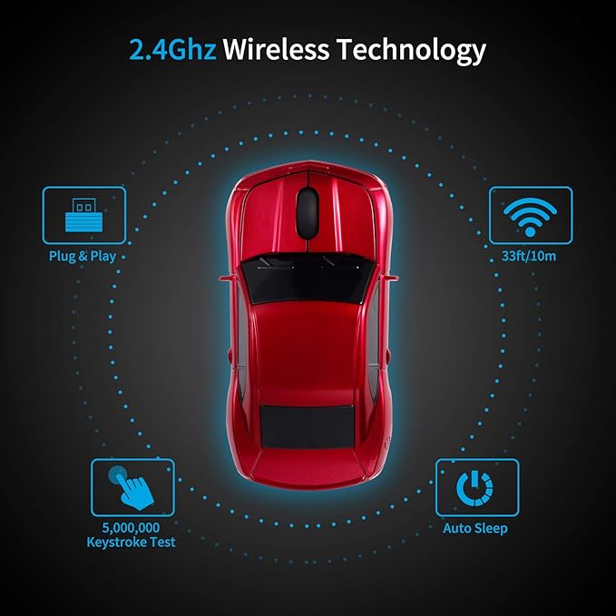 Wireless Car Mouse [Updated] with LED Headlights, 1600 DPI Sports Car Shaped Mouse for Mac, Computers, Red