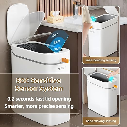 MOPALL Automatic Motion Sensor Bathroom Trash Can with Lid, 3.5 Gallon Touchless Garbage Can, IPX5 Waterproof Smart Small Waste Basket for Bedroom Kitchen Office