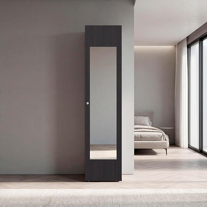 Saily Storage Cabinet with 4 Shelves and Mirror on Door, Modern Design, Wenge Mirror on Door: Includes a full-length mirror, making it convenient for quick outfit checks. Easy Access: Features a si