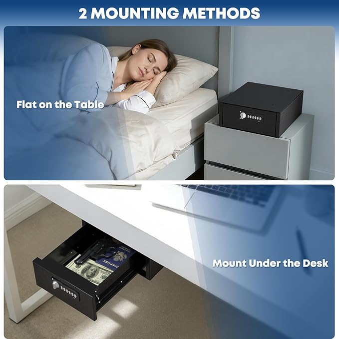 POCHAR Under Desk Gun Safe with Electronic Keypad & Key Lock - Steel Slide-Out Handgun Safe Storage Drawer for Home, Office, Garage, Car - Quick Access Hidden Gun Vault for Pistol & Valuables