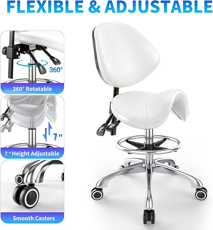 Saddle Chair with Back Support - Tilted Backrest, Adjustable Foot Rest, 350 LBS Capacity Ergonomic, 360° Swivel Drafting Chair for Salon, Spa, Massage, Tattoo, Facial lash, Home, Dentist (White)