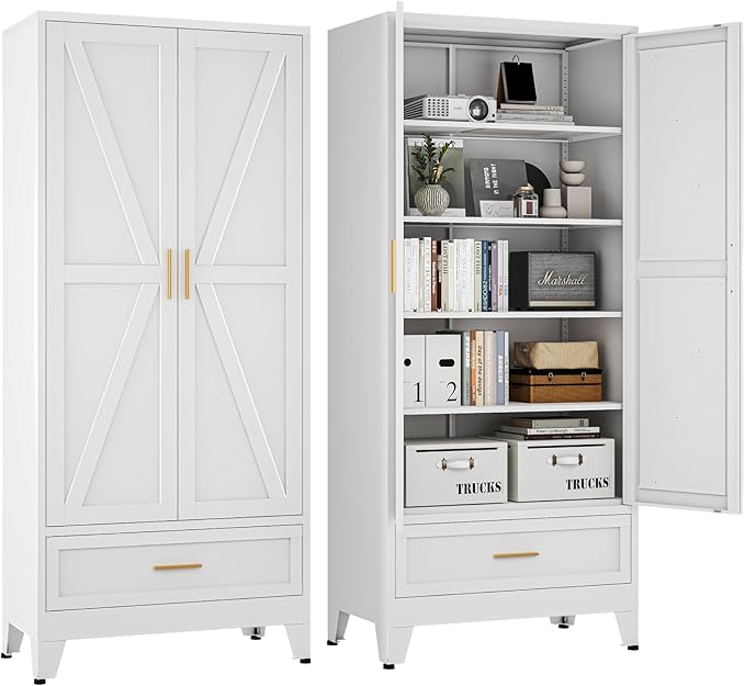 Washsemba 71 "Farmhouse Metal Filing Cabinet with a Drawer and 4 Adjustable Shelves, with 2 Large barn Door White Kitchen Cabinets, Metal Food Cabinets for Home, Kitchen, Dining/Living Room (White)