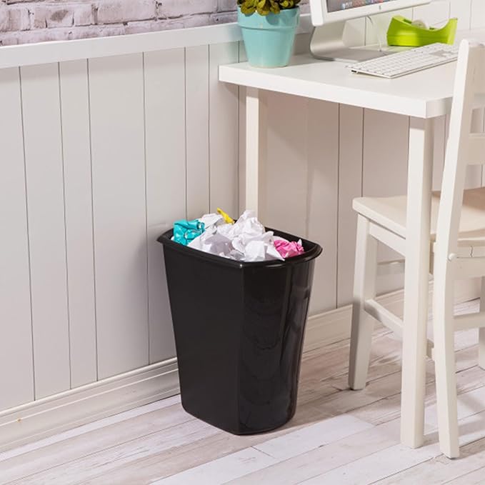Sterilite 5.5 Gallon Rectangular Wastebasket, Open-top, Medium Sized Trash Can for the Bathroom, Bedroom, or Office, Black, 6-Pack