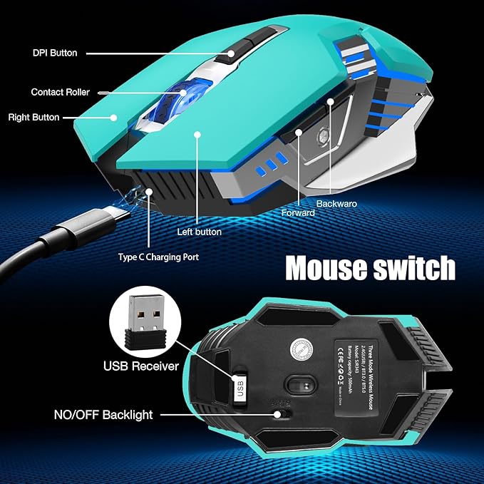 Green Wireless Mouse Gaming Mice Bluetooth with 3-Modes(BT5.0+BT3.0+2.4GHz), RGB Backlit, Silent Click, Light Up Quiet Computer Mouse for Laptop, PC, Chromebook, MacBook, iPad, Tablet, Games, Office