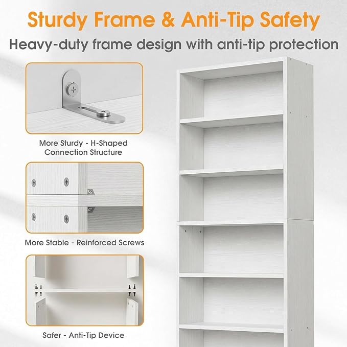 Sweetcrispy Industrial 6 Shelf Bookcase - Large 63 Inch Tall Floor Standing Open Bookshelf for Home Office, Living Room, and Bedroom Storage, Classic White