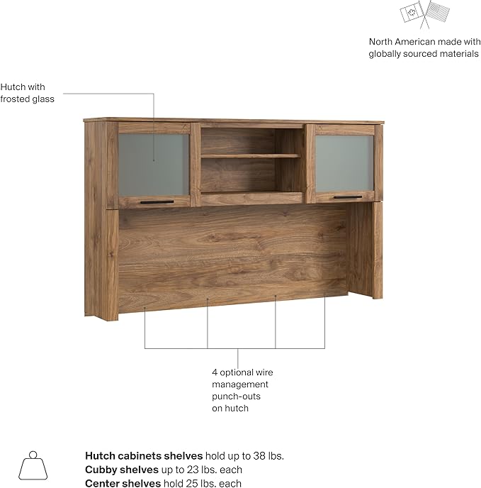 Bush Home 60-Inch Desk Hutch, Office Storage Organizer with Shelves, Cubbies and Frosted Glass Doors for Computer Desk, Home Office Furniture, Somerset Collection, Fresh Walnut