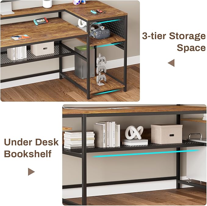 SEDETA L Shaped Computer Desk, Reversible Computer Desks, L Shaped Desk with Power Outlets & LED Strip, Monitor Shelf, Keyboard Tray, Pegboard and Storage Shelves for Home Office, Rustic Brown
