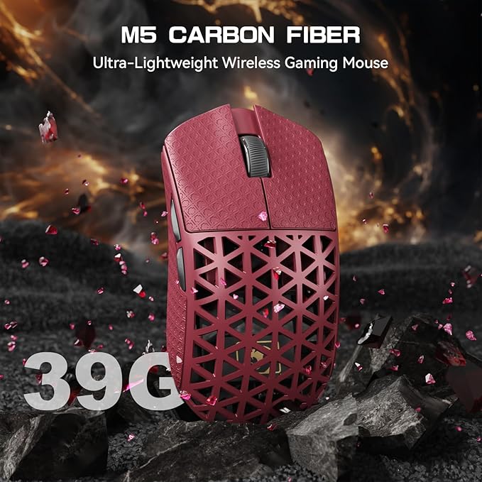 MAMBASNAKE M5 Ultra Carbon Fiber 8000Hz Wireless Gaming Mouse, 39g Superlight, 42000DPI, PAW3950MAX Sensor, Nordic 52840 MCU Chip, Bluetooth/2.4G/USB-C Wired Mice with Coiled Cable for PC/Mac (White)