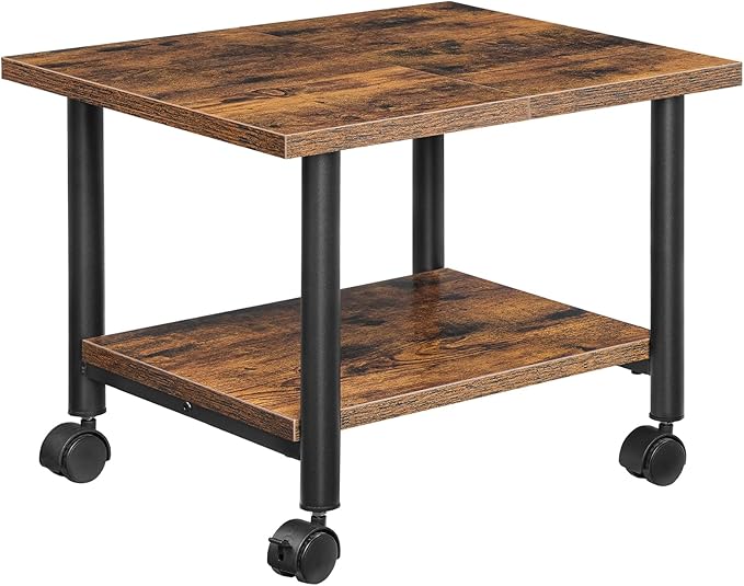 HOOBRO Printer Stand, 2-Tier Industrial Under Desk Printer Cart with Shelf, Mobile Heavy Duty Storage Rack on Wheels for Home, Office, Rustic Brown and Black BF02PS01G1