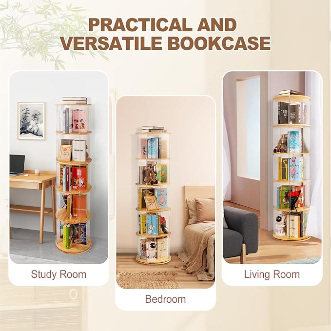 TAKEKIT 360° Rotating Bookshelf, 5-Tier Spinning Book Shelf Tower with Solid Wood & Clear Acrylic, Round Revolving Bookcase for Living Room, Bedroom and Office