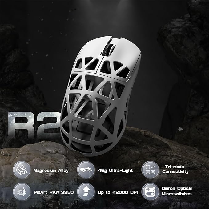 ZIYOU LANG x Attack Shark R2 Wireless Gaming Mouse, Lightweight Magnesium Alloy, PAW3950 42000 DPI Optical Sensor, 8KHz Polling Rate, BT/2.4G/Wired Programmable Mice with Grips Sticker (White)