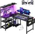 Apicizon L Shaped Desk Gaming Desk with LED Light & Power Outlet, 47 Inch Reversible Computer Desk with Pegboard & Shelf & Storage Bag for Home Office, Black