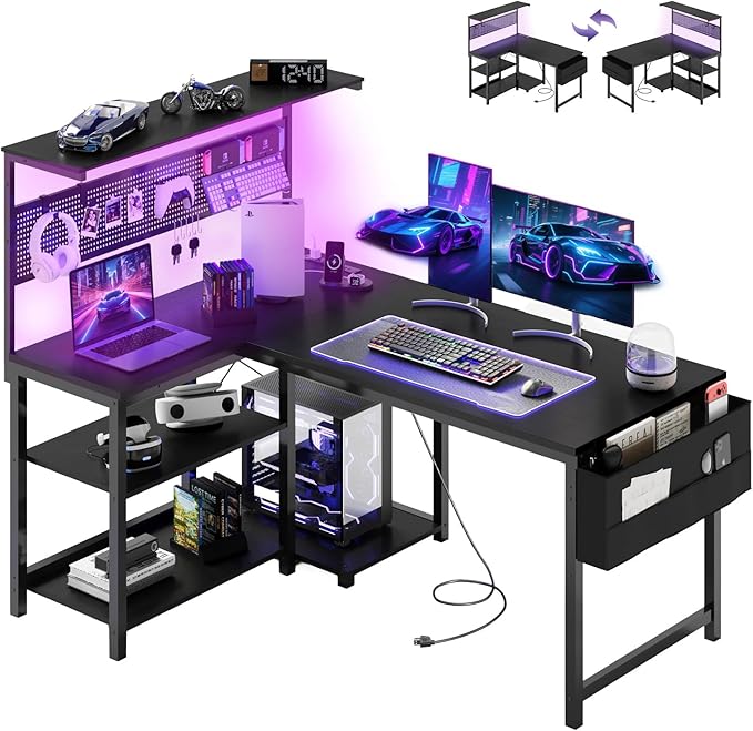 Apicizon L Shaped Desk Gaming Desk with LED Light & Power Outlet, 47 Inch Reversible Computer Desk with Pegboard & Shelf & Storage Bag for Home Office, Black