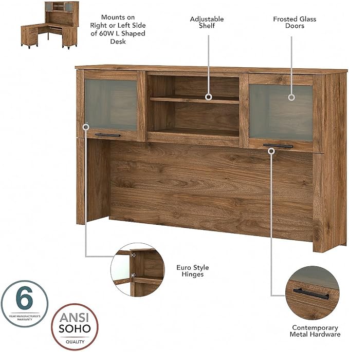 Bush Home Somerset 60W L Shaped Desk with Hutch and 5 Shelf Bookcase in Fresh Walnut