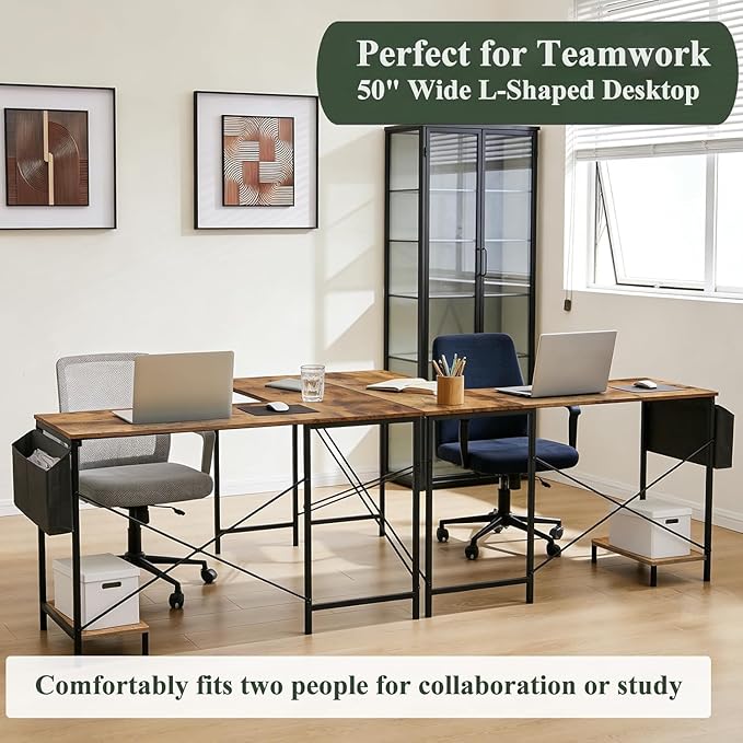 L Shaped Desk, 50 Inch Reversible Computer Desk Corner Gaming Table with CPU Stand & Storage Bag, Sturdy Metal Frame PC Workstation for Home Office, Brown Wood