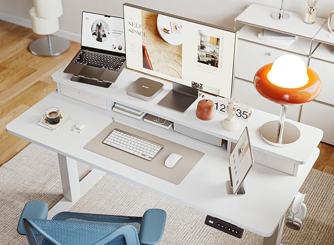BANTI 40x24 Inch Electric Standing Desk with Dual Drawers, Height Adjustable Stand Up Table, Sit Stand Home Office Desk with Storage Shelf, White Frame/White Top