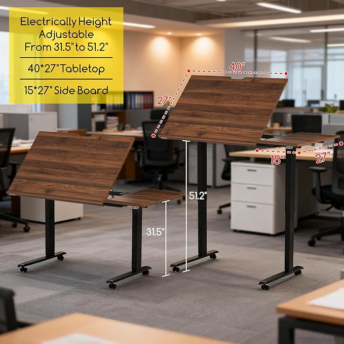 MEEDEN Electric Adjustable Office Table: 31"-52" Height Adjustable Craft Desk- Tiltable Tabletop Sit Standing Home Office Desk-Walnut