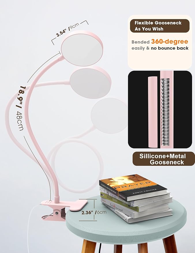 LiFMIRA Desk Lamp Clip on Light 8W 66 LED Reading Light for Bed, 5 Colors 10 Dimming Levels, Eye Caring Metal Reading Lamp, Clip lamp for Bed Headboard Home Office (Pink)