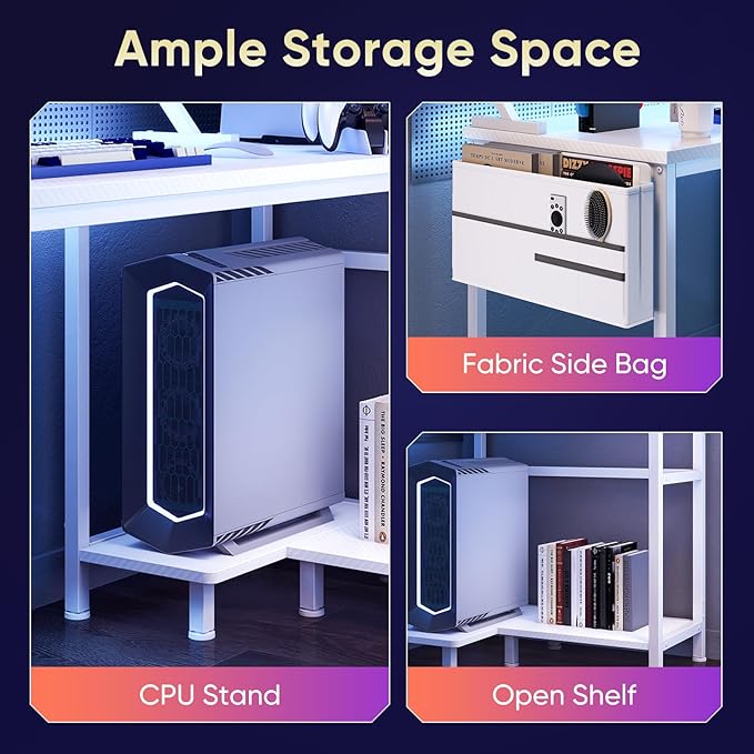 DUMOS Gaming Desk, Computer Desk with USB Charging Ports, Power Outlets, Type-C and LED Lights, Reversible L Shaped Desk with Storage Shelves & Monitor Stand for Office Gaming Room White 40IN