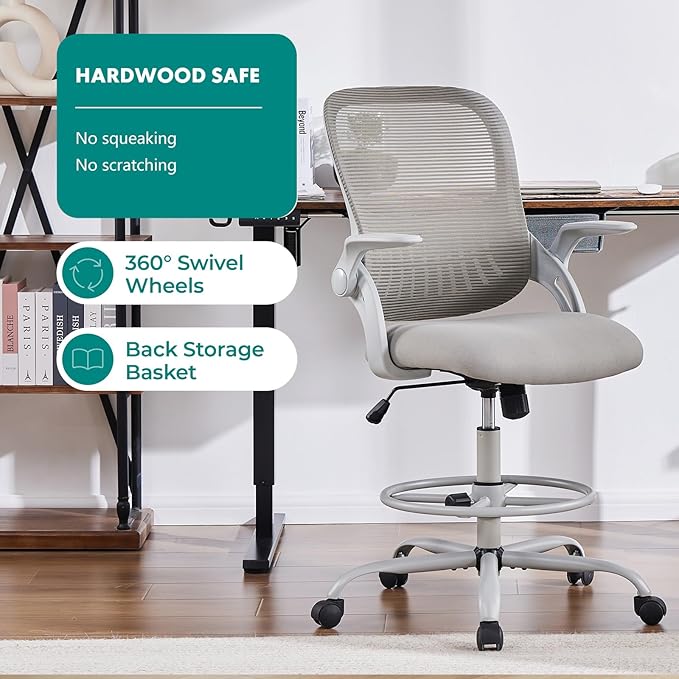 DUMOS Drafting Chair for Standing Desk, Counter Height Adjustable, Flip-up Arms, Ergonomic Mid Back Mesh Rolling Work Swivel Office Computer Chairs with Wheels, Grey