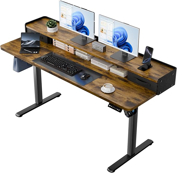 YESHOMY 63" x 23" Electric Standing Desk with 2 Drawers, Height Adjustable Computer Desk, Low Noise Home Office Stand Up Desk with 2 Preset Heights & 2 Hooks, Rustic Brown