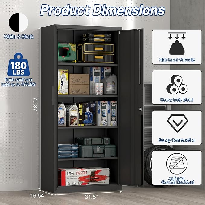 71" H Metal Garage Storage Cabinets with Lock, Black Metal Storage Cabinet with Doors and Shelves, Tall Locking Cabinets for Garage, Kitchen, Office