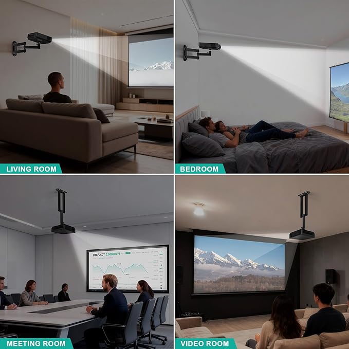 WALI Mini Foldable Projector Wall Mount with 360° Rotating Gimbal, Fully Adjustable Wall/Ceiling Mount Bracket for 1/4" M4 M6 Screw Projectors, Small Projector Holder up to 4.4lbs (1330LM-PM), Black
