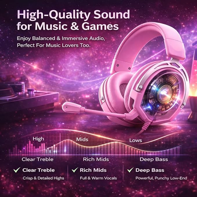 K98 Wired Gaming Headset, Durable Aluminum Frame Gaming Headset with Memory Earmuffs, 50mm Dynamic Drivers Stereo Surround Sound, Over Ear Headset for PC, PS4, PS5, Switch, Xbox One, Mac (Pink)