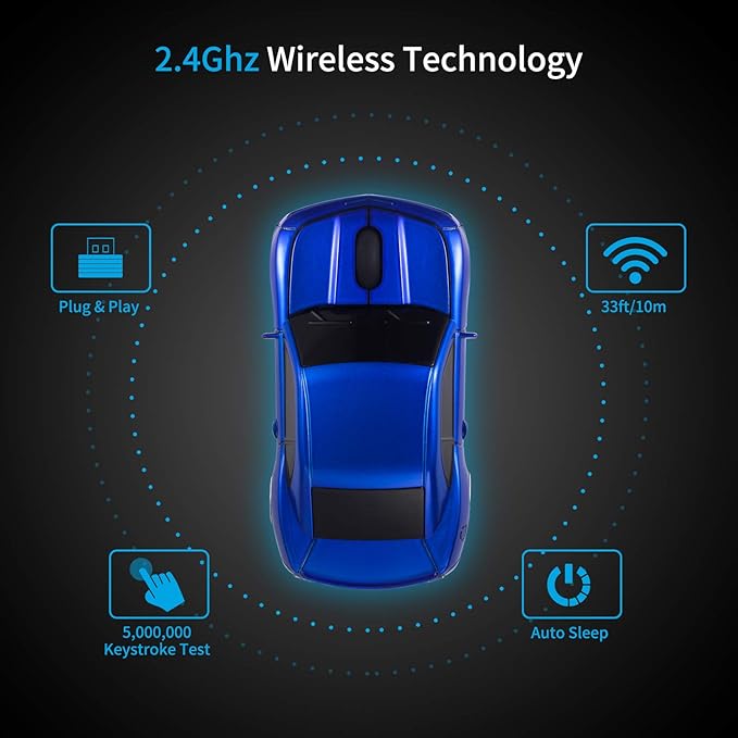 Wireless Car Mouse [Updated] with LED Headlights, 1600 DPI Sports Car Shaped Mouse for Mac, Computers, Blue