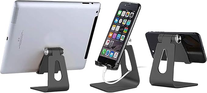 Cell Phone & Tablet Stand Adjustable Multi‑Angle Aluminum Phone & Tablet Stand Non‑Slip Dock/Cradle/Charging Station for Desktop, Bed, Kitchen, Office (Black)
