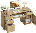 Bestier 63 Inch Home Office Desk with Drawers, Fluted Executive Desk with Ample File Drawer, Keyboard Tray & Storage Cabinet for Study, Living Room, Bedroom, Natural Oak