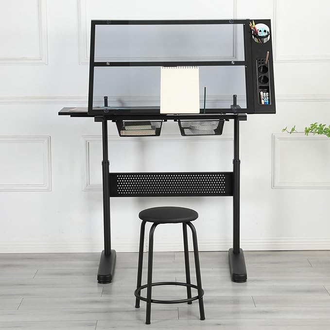 Adjustable Drafting Table with Hand-Crank Lift, 0-75° Tilting Tempered Glass Art Desk with Metal Drawers & Slide-Out MDF Side Table, Height Adjustable 29.5"-41.3" Drawing Desk with Storage & Stool