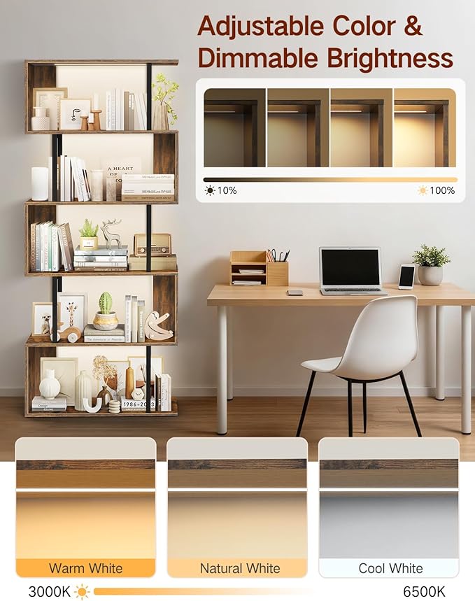 6 Tier S-Shaped Geometric Bookcase with LED Light, Touch & Remote Control, Wide Tall Freestanding Display Shelf, Industrial Storage Cabinet for Living Room, Bedroom, Office