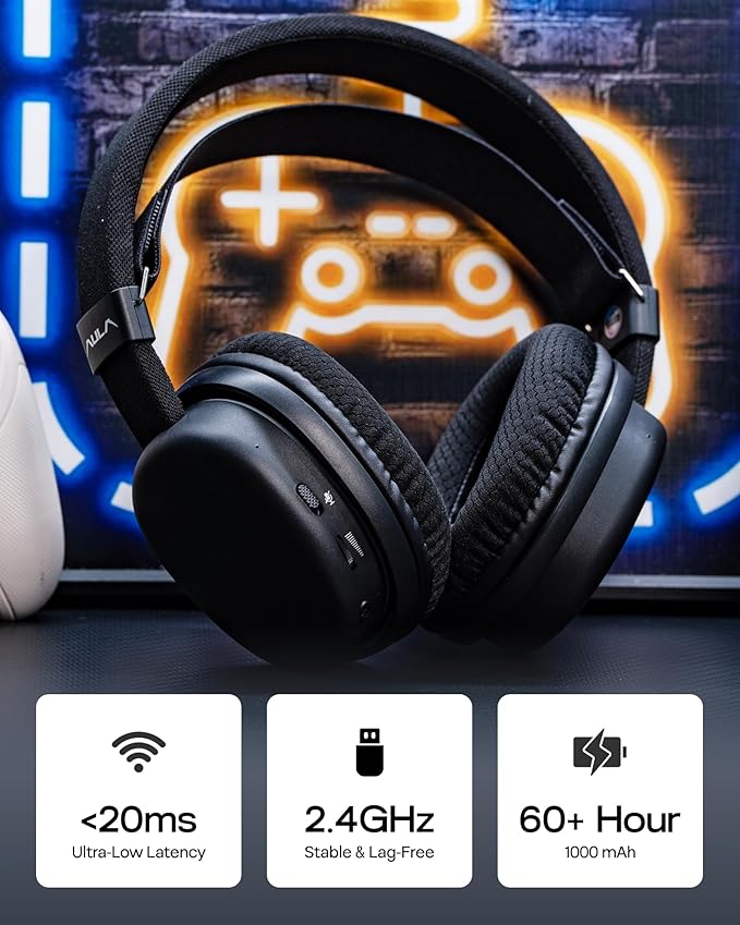 MechLands Aula G7 Wireless Gaming Headset for PS4/PS5/PC/Switch, Over-Ear Headphones with Detachable Noise Canceling Mic, RGB, Surround Sound, 60H Battery, 2.4GHz/BT/Wired (Black)