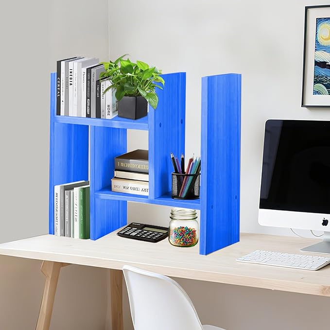 Desk Organizer Shelf Wooden Desktop Bookshelf Adjustable Desktop Organizer Shelves Small Book Shelf for Office Desk Supplies Home Storage Natural Stand Decor (15*)