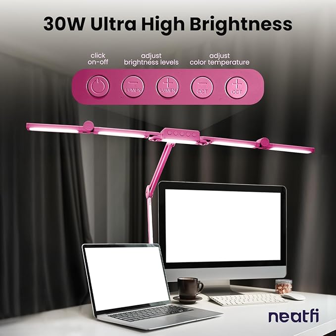 Neatfi 3,000 Lumens LED Desk Lamp, Dimmable, 360 SMD LEDs, 30W, CRI 95, Adjustable Light Modes, Task Lamp for Home Office, Study, Workstation (Pink, 44-Inch, CCT with Clamp)