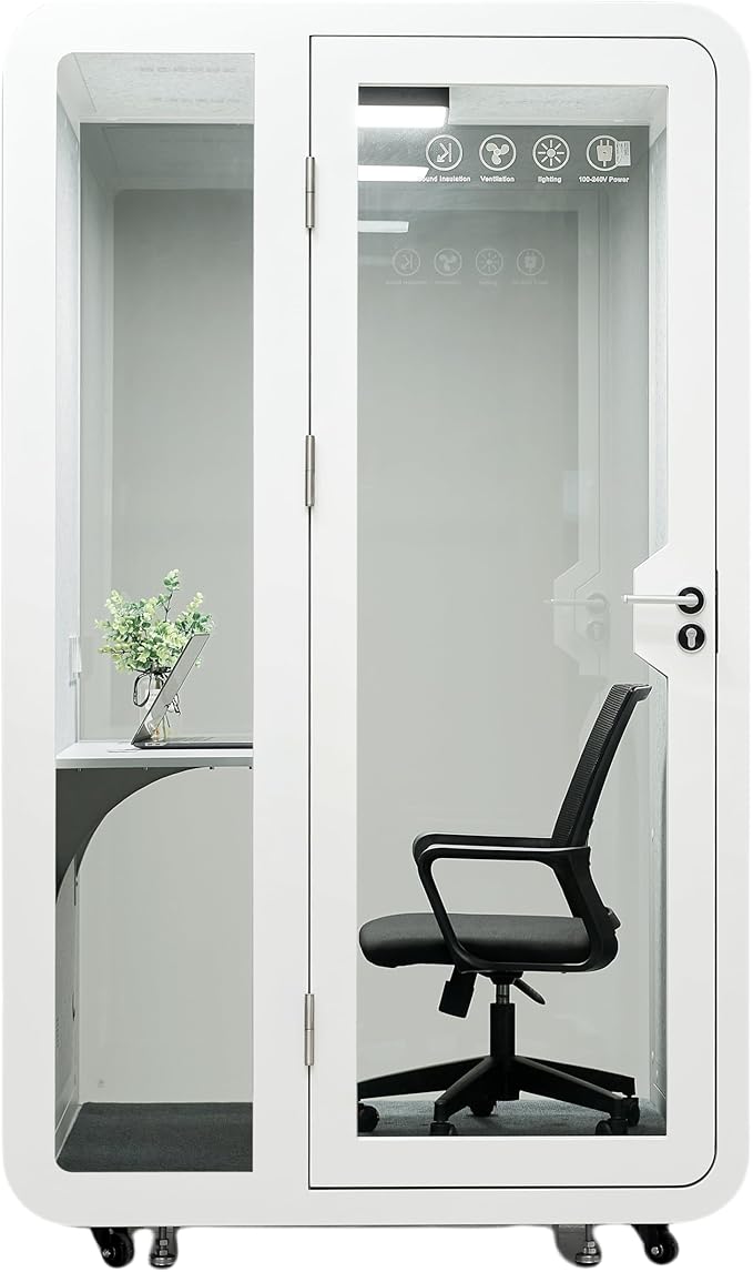 Solo Office Pod, Sound Pod, Mobile Office Pod Booth, SoundProof Booth for Home, Privacy pod, Mobile Roller with Desk, LED Light, Centrifugal Fans and AC USB Ports - White