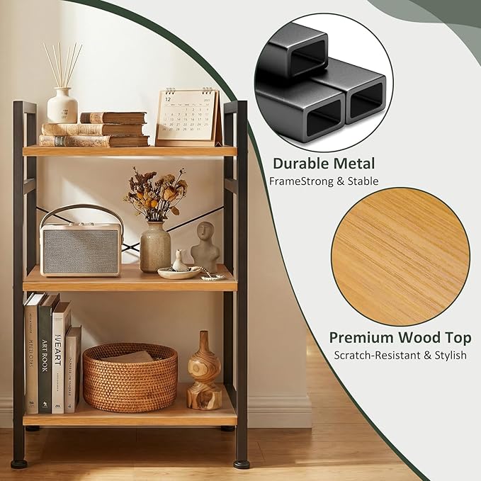 3 Tier Bookshelf, Free Standing Wooden Bookcase with Open Storage Shelves with Metal Frame, Sturdy Shelf Organization Display Rack for Living Room, Bedroom, Home Office, 27.6" Tall, Wood