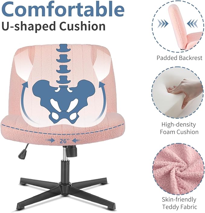 DUMOS Criss Cross Chair No Wheels, Legged Office Desk Armless Chiar Wide Seat, Adjustable Swivel Teddy Fabric Task Vanity Chairs for Home Bedroom, Pink