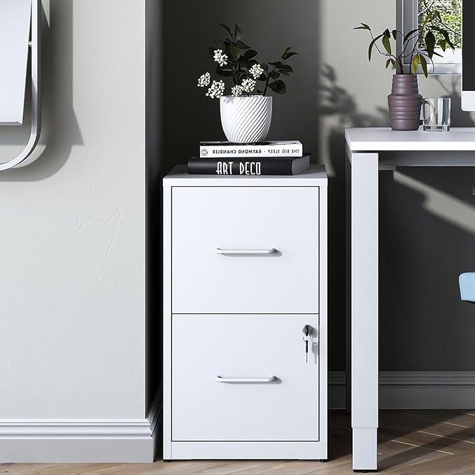 2 Drawer File Cabinet with Lock, Vertical Filing Cabinets for Home Office, Metal Storage Cabinet, Heavy Duty File Cabinet for Under Desk, Amsseble Required, White