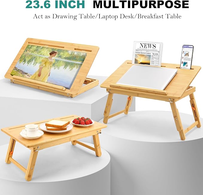 Nnewvante Drafting Table Bamboo Tabletop Easel Foldable Drawing Desk with Adjustable Height & Angle Drawing Board with Tablet and Phone Slots for Painting, Reading, Writing