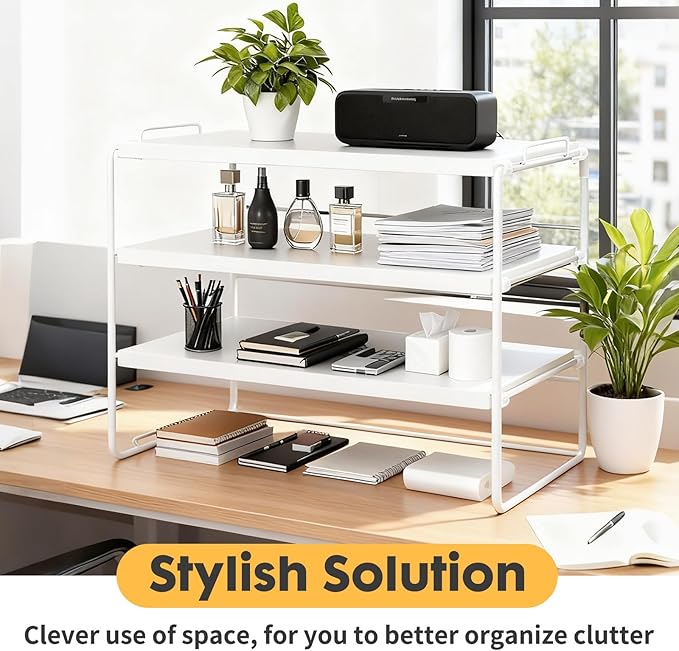 ShellKingdom Desk Shelf Organizer, 3 Tier Desktop Shelves, Adjustable Bookshelf Storage Rack and Office Cubicle Decor for Tabletop, School, Office, Dorm Organization (White)