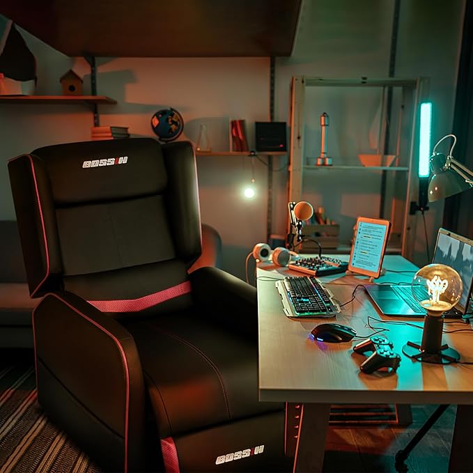 BOSSIN Gaming Recliner Chair for Adults 400lbs Racing Style Sofa Big and Tall PU Leather Recliner Seating, Modern Ergonomic Lounge Comfortable Home Movie Theater for Living Room(Red)