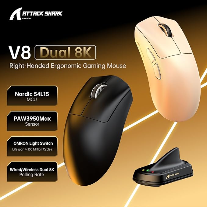MAMBASNAKE ATTACKSHARK V8 Wireless Ultralight Gaming Mouse with 8K Polling,42000 DPI,Nordic 54L15 MCU Chip,PixArt 3950 Max Sensor-Wired/BT/2.4Ghz,400Hrs Long Battery,Programmable for PC Mac FPS(Black)
