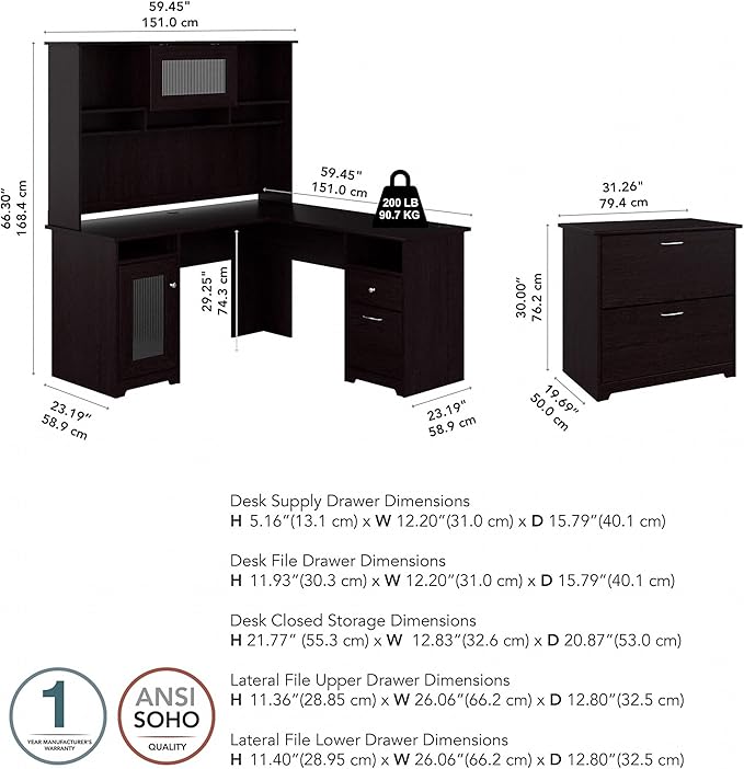 Bush Furniture Cabot 60W L Shaped Desk with Hutch and Lateral File Cabinet in Espresso Oak