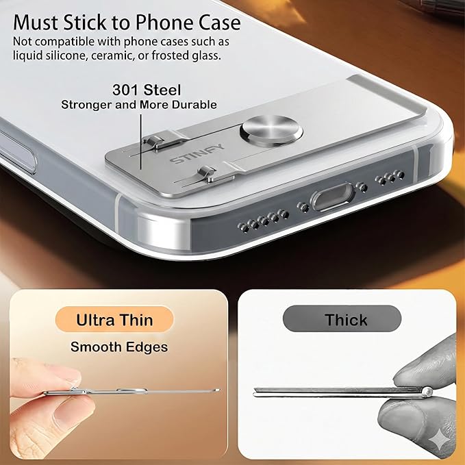 Phone Slim Stand Ultra Thin Kickstand, Unnoticeable Universal Vertical Horizontal Steel Metal Stable Mount Attachable Pocket Friendly Phone Holder for iPhone Samsung Phone Case (Sliver 2-Pack)