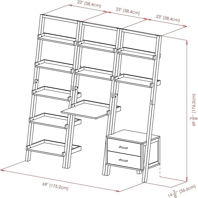Modern Black 3-Piece Leaning Desk and Ladder Shelf Set – Solid Wood Wall-Leaning Workspace & Storage System for Home Office or Living Room
