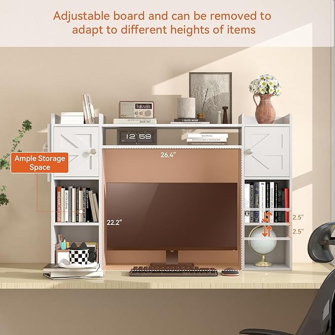 ELECWISH Desktop Bookshelf, Desk Hutch with Drawer for Computer Desk, 35.3" 8-Tier Adjustable Desktop Shelf Organizer with Pegboard for Home Office, Oak